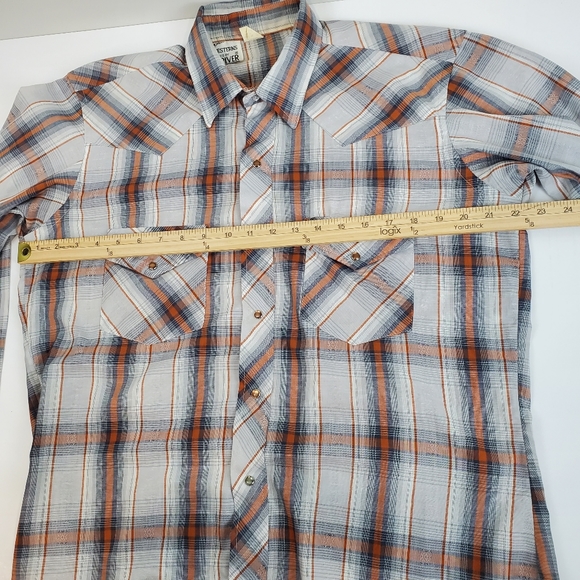 VTG 80s Champion Westerns Brown Plaid Western Pearl Snap Front Shirt Cowboy 16.5 - Picture 14 of 15